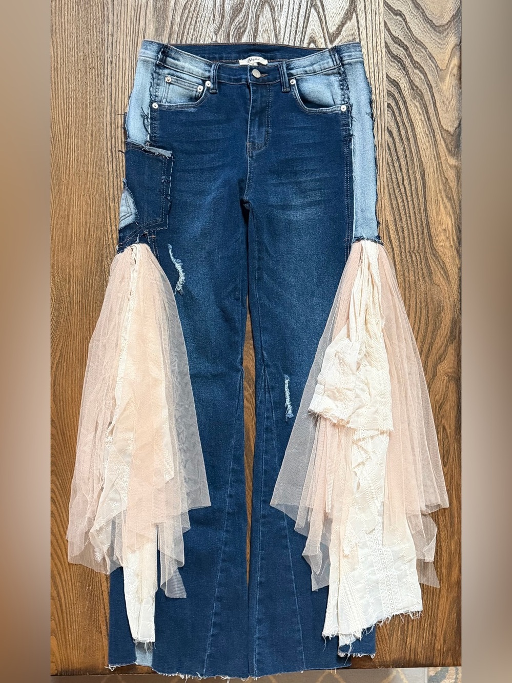 Blue Velvet Super Wide-Leg Flare Eyelet, Lace & Tulle Panels Blue Jeans M